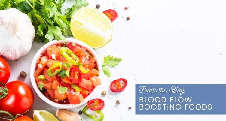 Various foods that can boost blood flow including salmon, beets, nuts, citrus fruits.