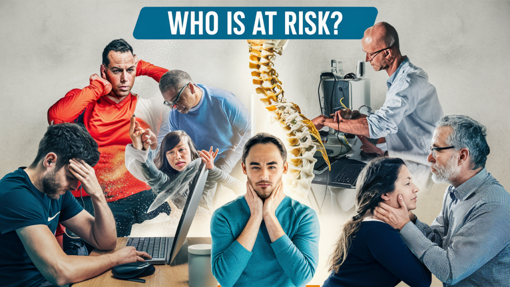 Diagram illustrating the upper cervical spine and nervous system, highlighting potential risk groups for cervical issues.