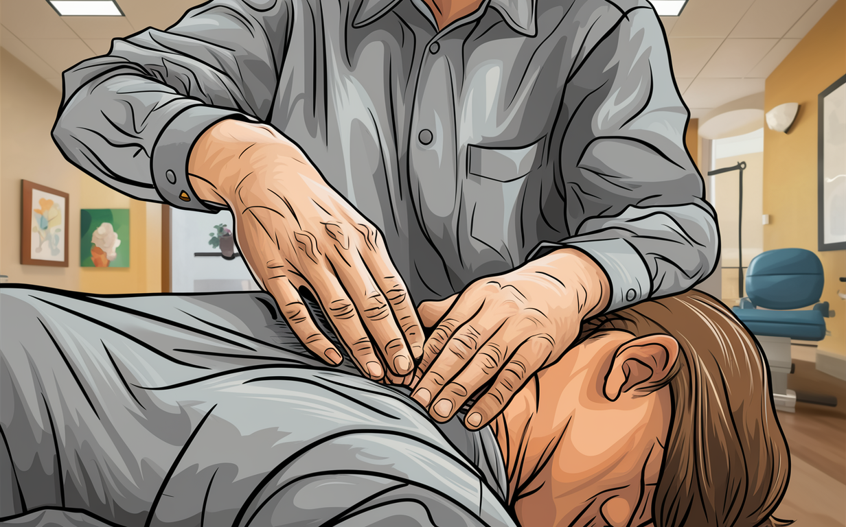 A chiropractor performing a spinal adjustment on a patient lying on a treatment table in the office of Krieg Chiropractic Center in Missoula, Montana.