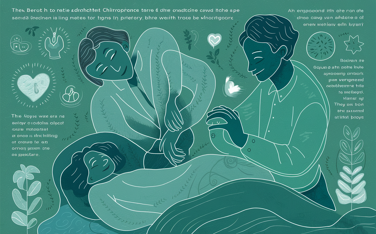 An illustration depicting a chiropractor providing compassionate care to a patient, with the chiropractor gently touching the patient's back as they sit together in a calming environment with plant decor and framed images on the wall.