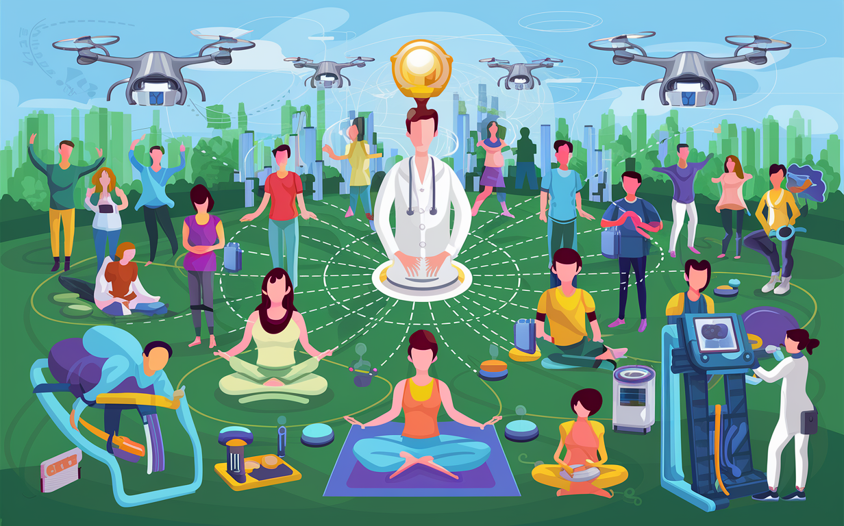 Holistic Preventative Care Strategies for Optimal Health An illustration depicting various holistic preventative care strategies for optimal health, including exercise, meditation, healthy eating, doctor consultations, and mental well-being practices.