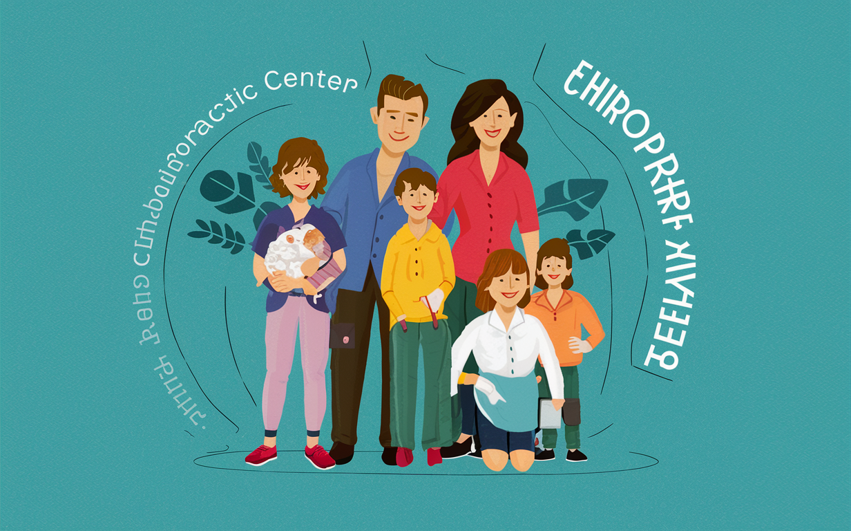 An illustration of a loving family with parents embracing their two young children, depicting a scene of wholesome family wellness and nurturing care across generations.