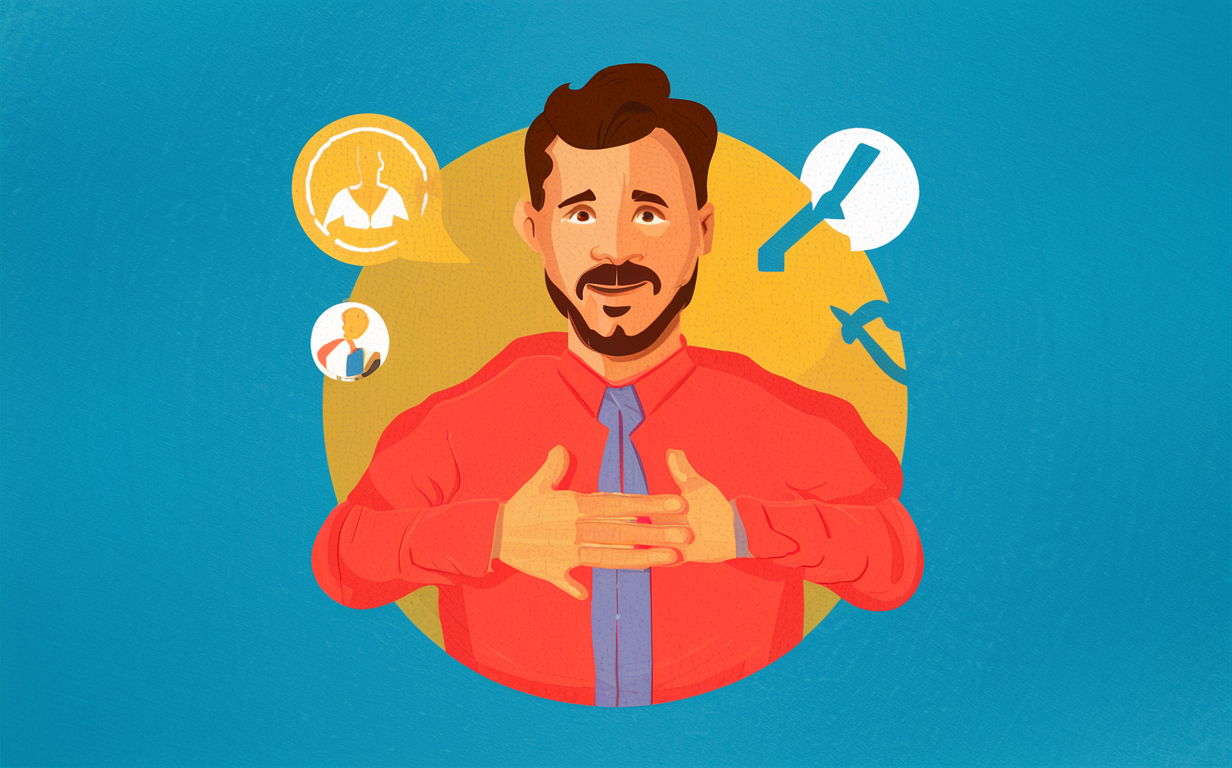 Portrait illustration of a friendly-looking man with a beard and mustache wearing a purple suit and striped tie, depicted against a colorful circular background