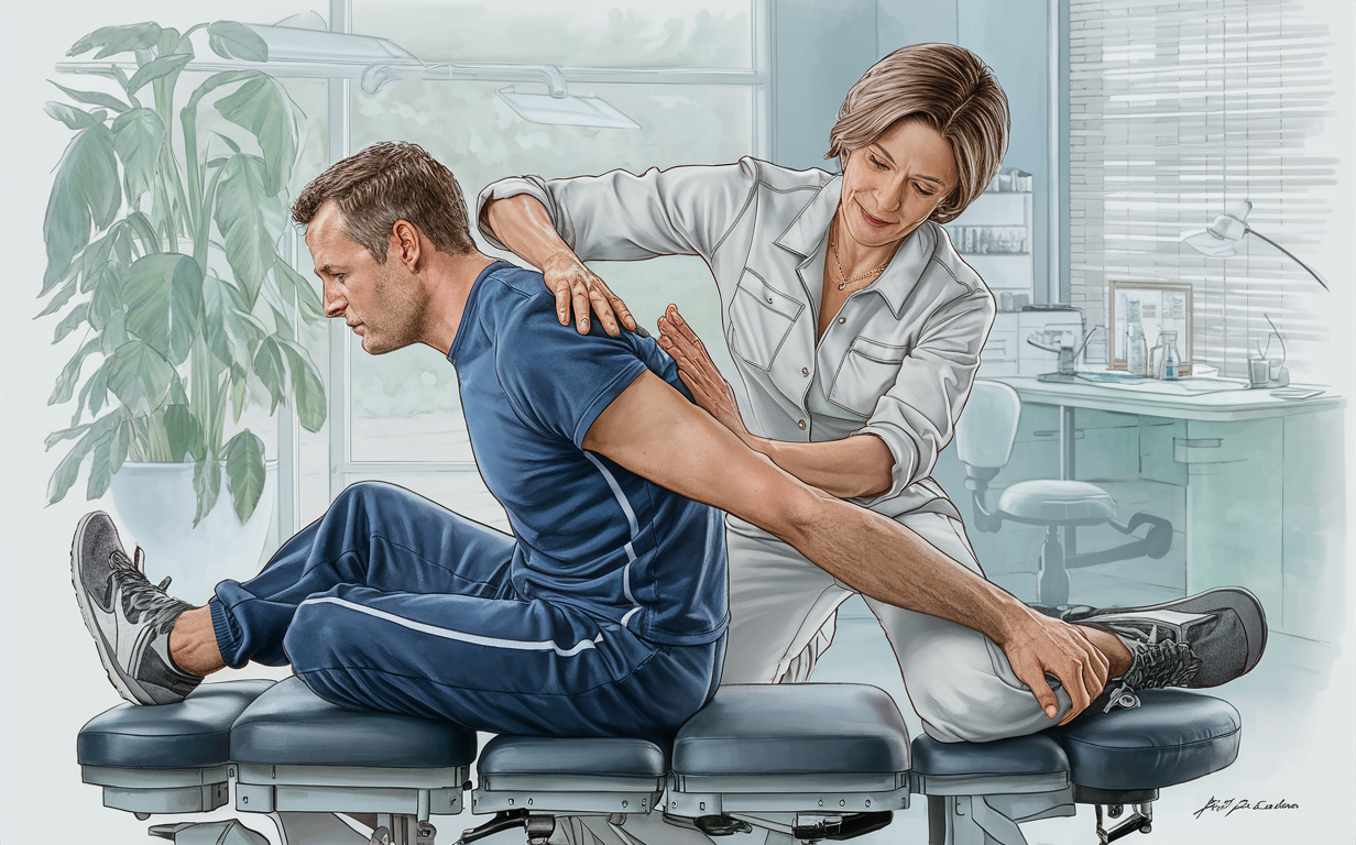 A chiropractor adjusting a patient's back on a treatment table in a chiropractic office setting with anatomical charts on the walls