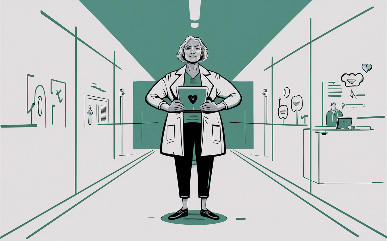 An illustration depicting a healthcare professional empowering and educating patients in a hospital or clinic setting
