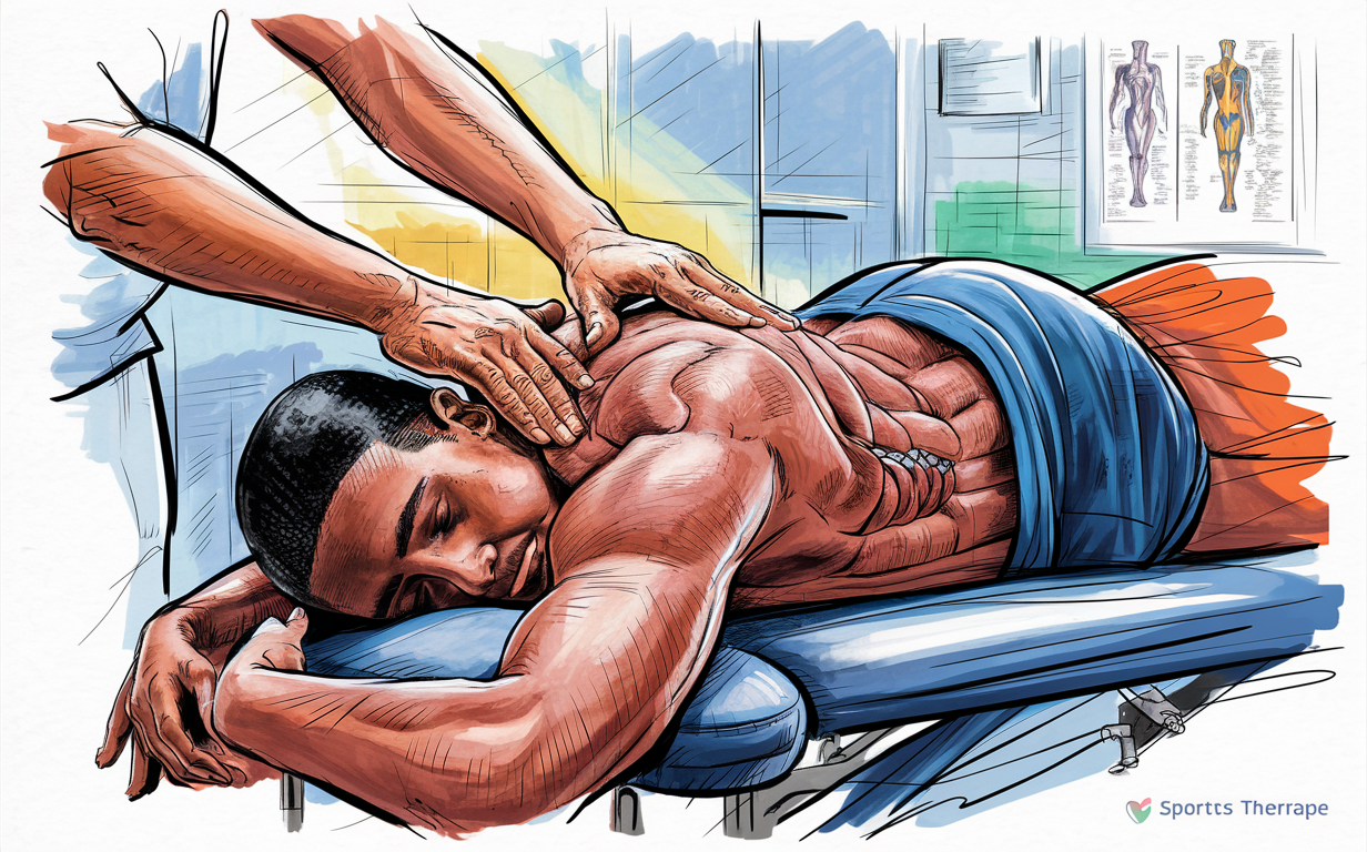 An illustration depicting a sports massage therapy session, with a therapist's hands applying massage techniques to the muscular body of an athlete lying on a treatment table, surrounded by anatomical diagrams in a therapeutic setting.