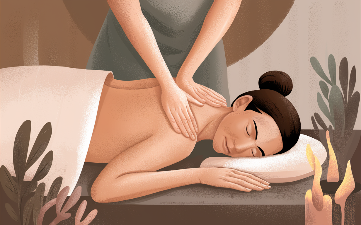 Massage Therapy for Relaxation and Stress Relief An illustration depicting a serene massage therapy session with a person receiving a massage on a bed surrounded by calming elements like candles, plants, and soothing colors.
