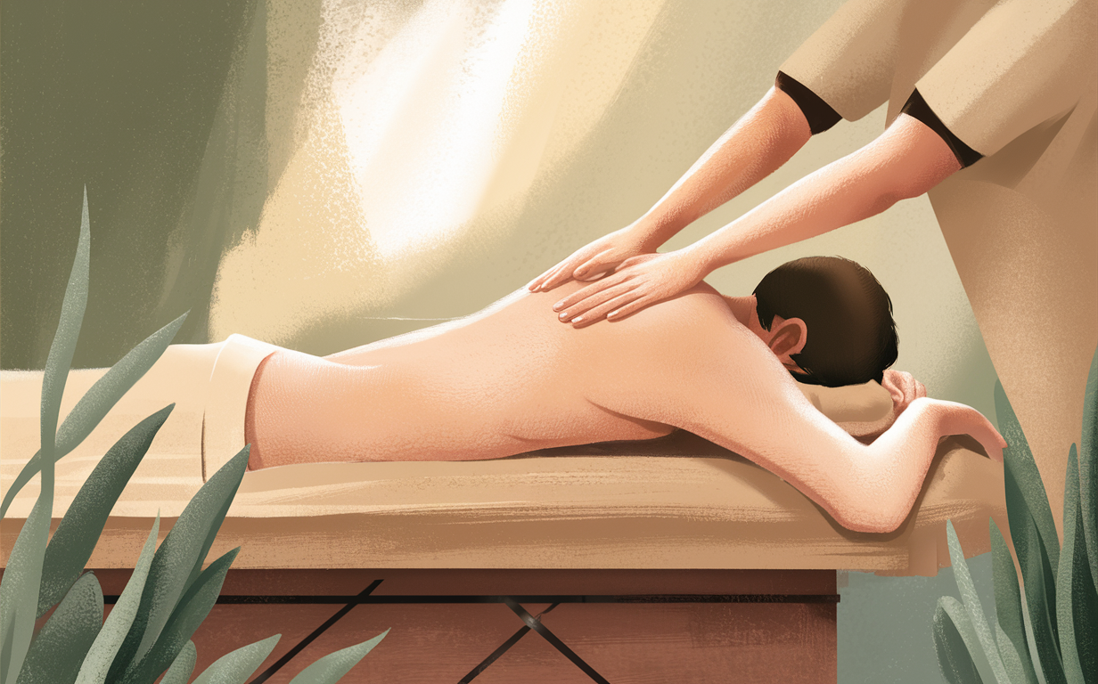 The Rejuvenating Massage Experience A person receiving a relaxing massage therapy session in a serene spa-like setting with plants in the background, promoting stress reduction and relaxation.