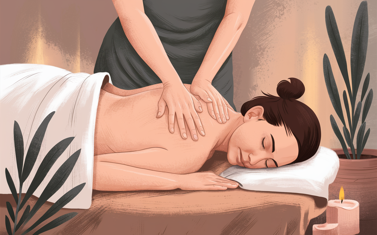 A Relaxing Massage Therapy Session for Stress Relief A woman lying on a massage table receiving a back massage from a massage therapist, surrounded by plants and a candle in a tranquil spa setting.