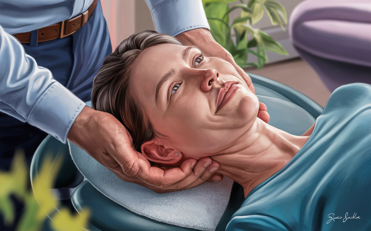 Portrait of a Woman with Chronic Pain Relief Illustration of a woman's face with a serene expression against an abstract background, potentially representing relief from chronic pain conditions through upper cervical care