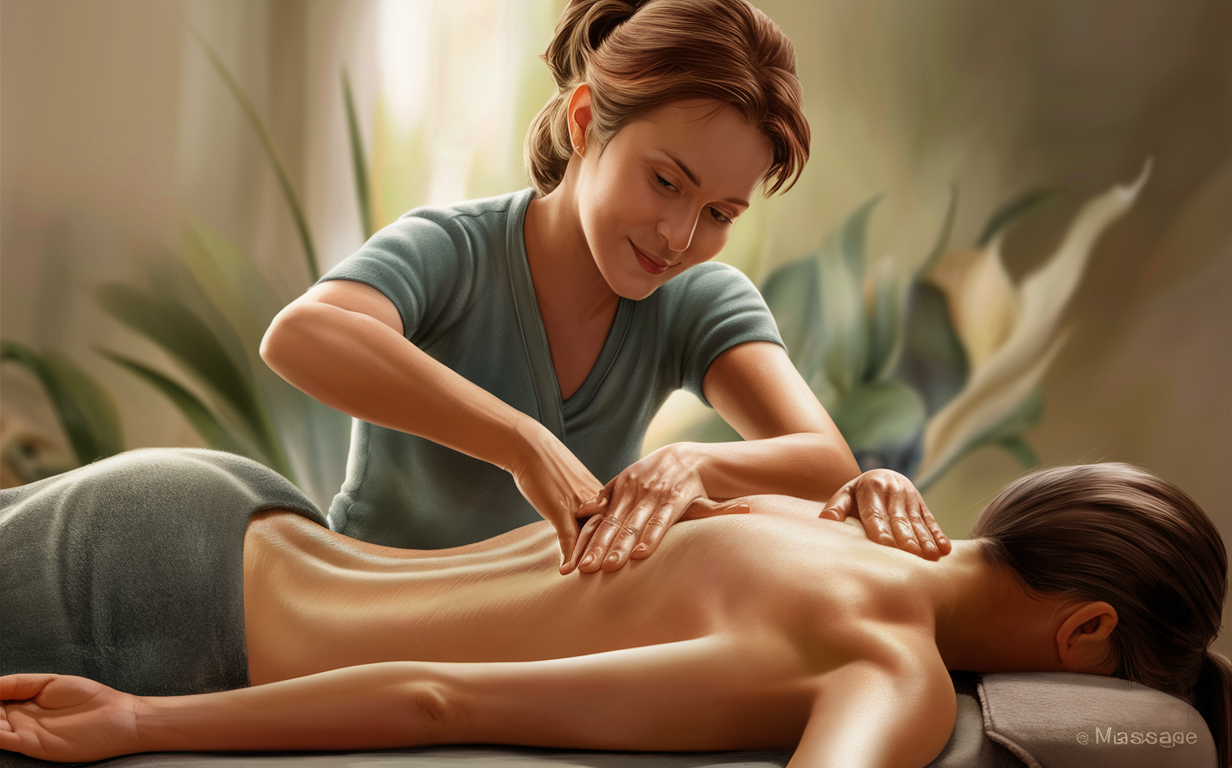 An image depicting a massage therapist applying massage techniques to improve circulation and lymphatic drainage on a client lying on a massage table, surrounded by plants in a relaxing environment.