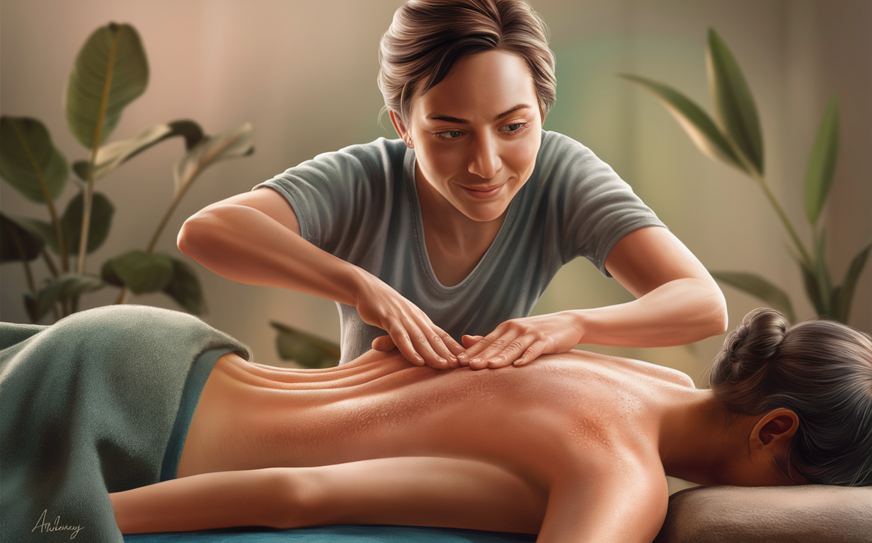 An illustration depicting a massage therapist's hands applying pressure to a person's back, with colorful swirling patterns representing improved circulation and lymphatic drainage