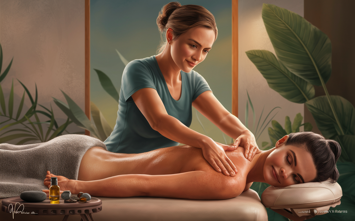 A massage therapist providing a therapeutic massage aimed at improving circulation and lymphatic drainage for a client lying on a massage table surrounded by plants.