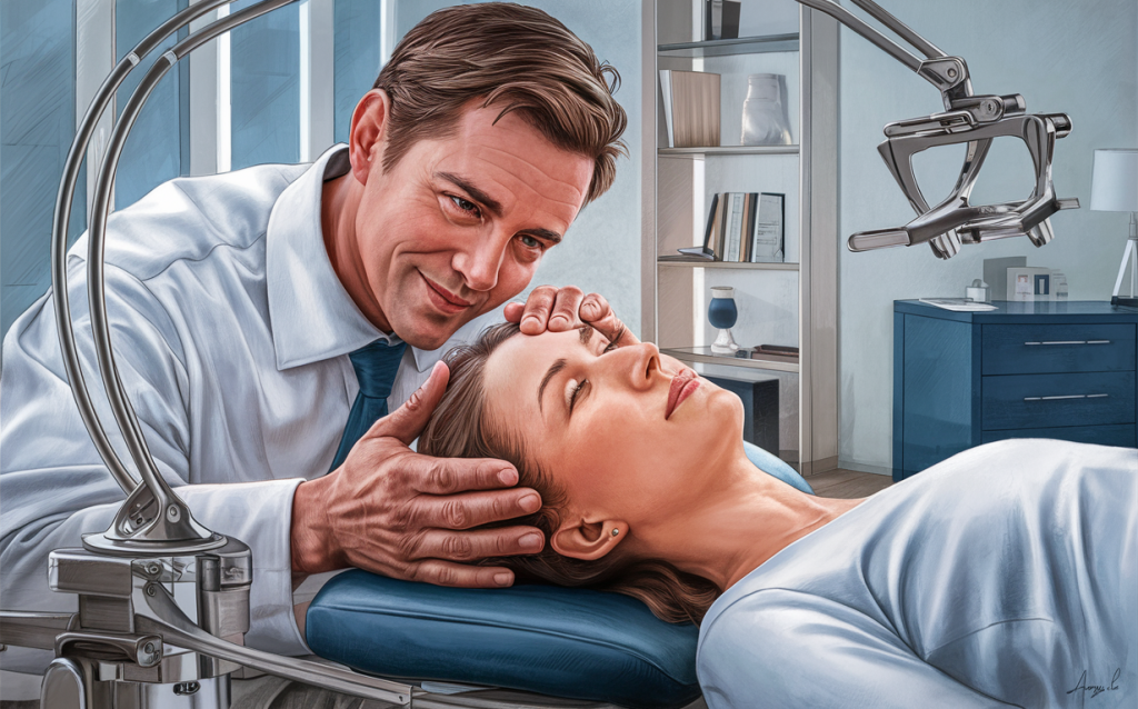 A chiropractor performs an upper cervical adjustment on a patient lying on a treatment table in a chiropractic office setting.