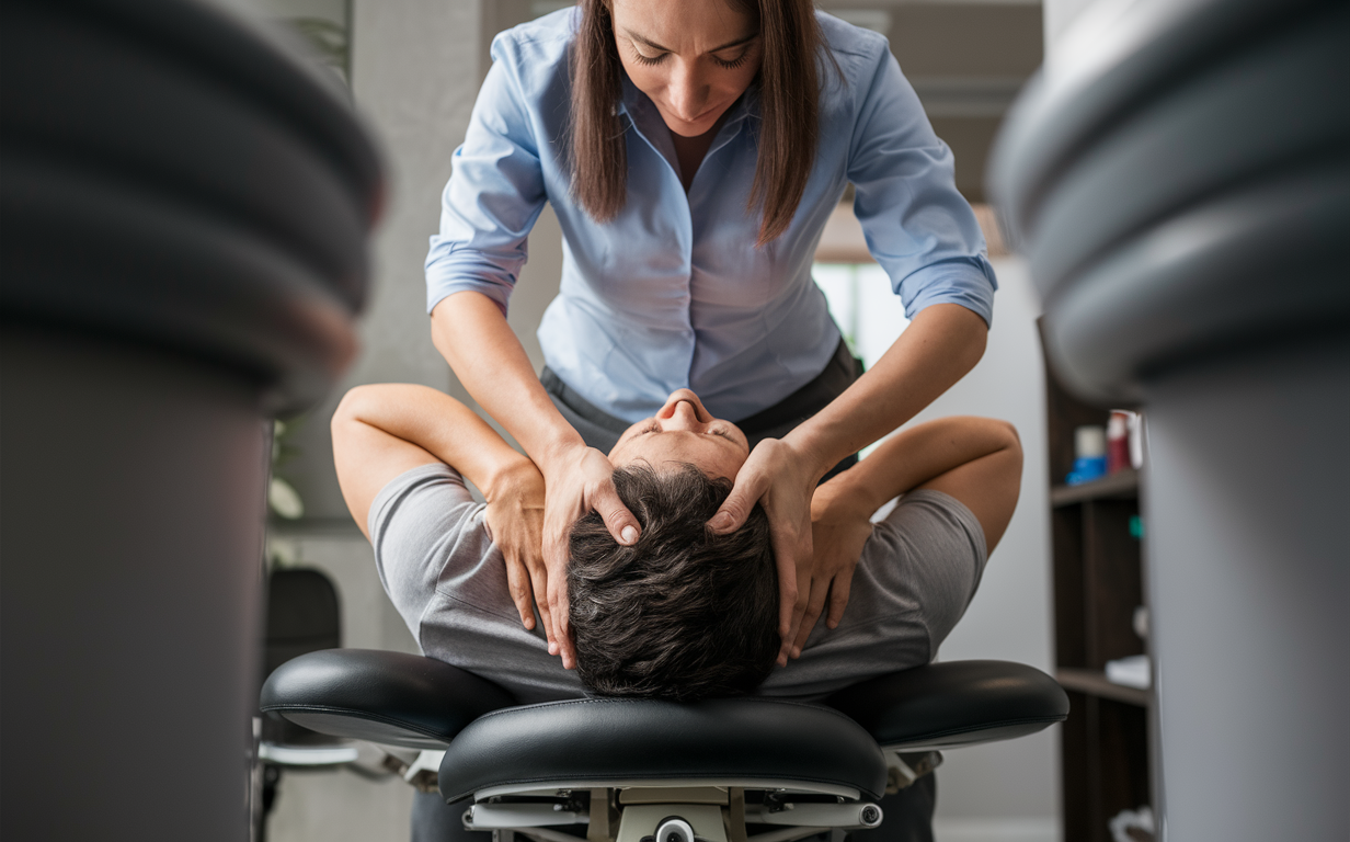 A chiropractor gently adjusts the neck of an elderly patient to alleviate neck pain and headaches