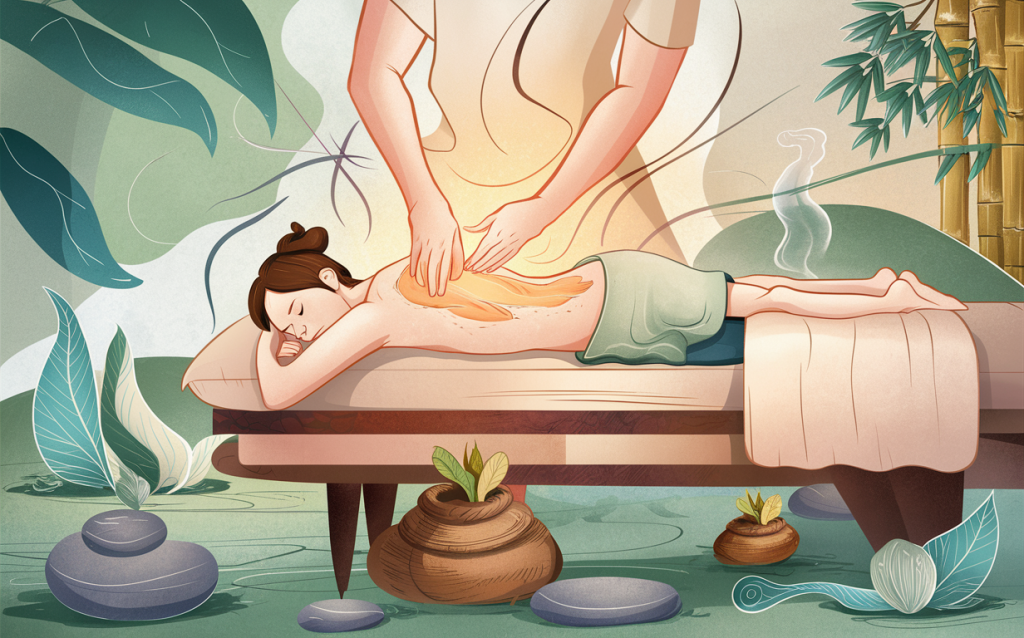 An illustration depicting a person receiving a soothing massage in a serene, nature-inspired spa setting with plants and incense for a rejuvenating experience that provides effective pain relief and muscle tension release.