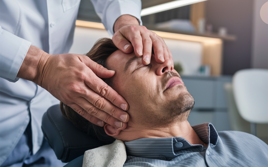 A chiropractor performing an upper cervical adjustment on a patient, gently holding the patient's head and neck.