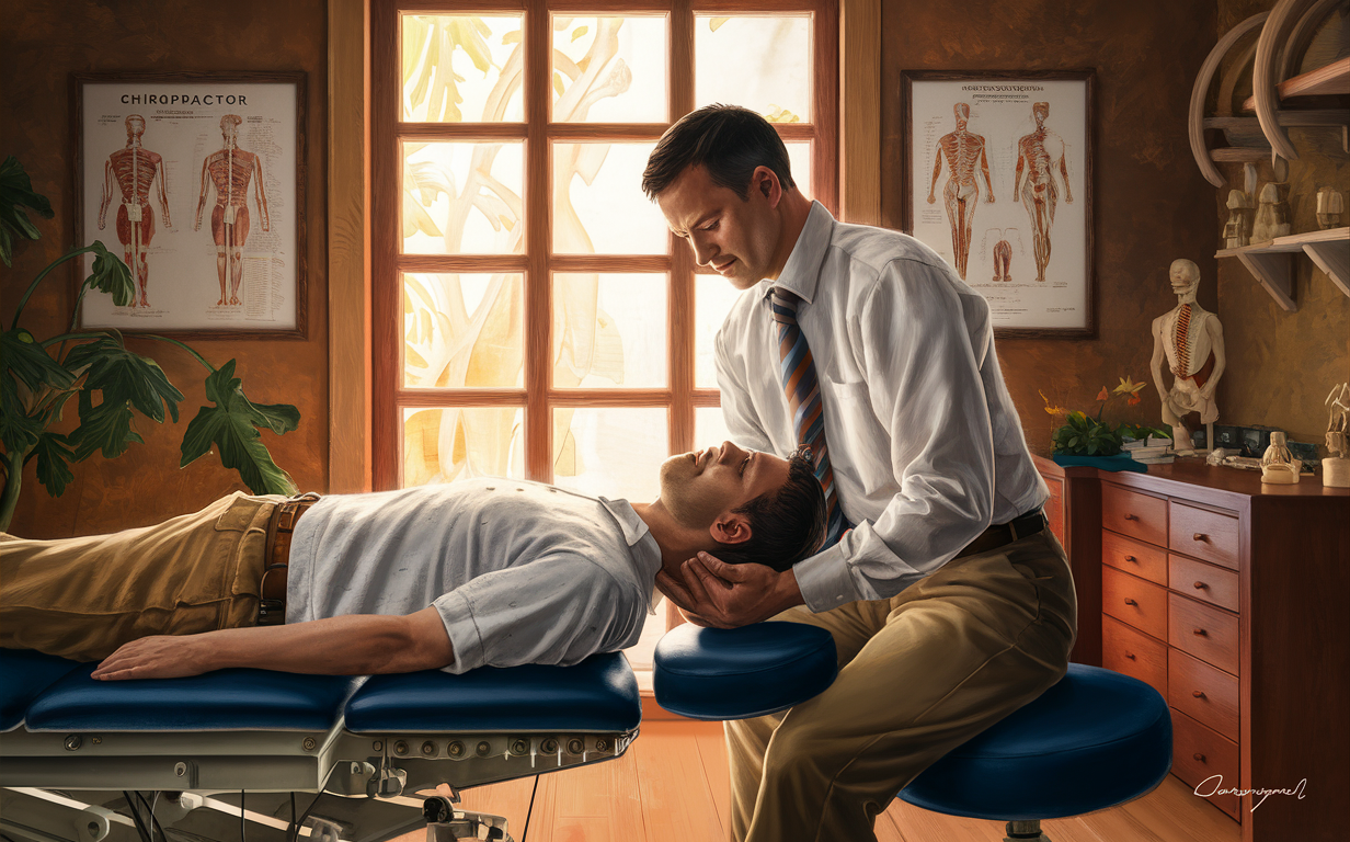 A chiropractor examines a patient lying on a treatment table in a serene office setting with potted plants.