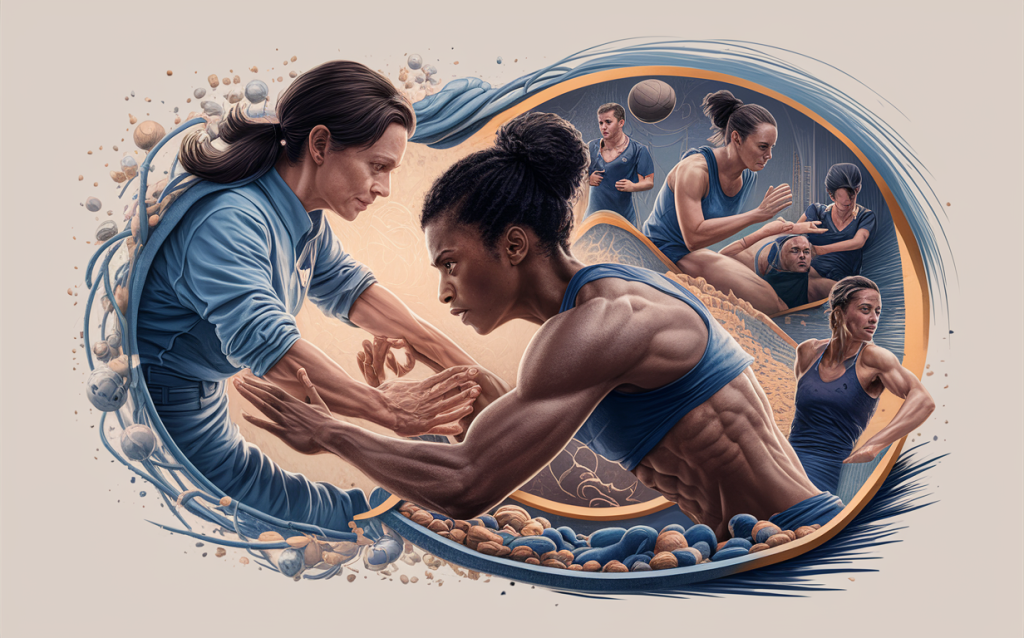An illustration depicting chiropractic care for athletes, featuring a chiropractor treating an athlete, another athlete playing volleyball, and sketches of athletes in various sports poses.