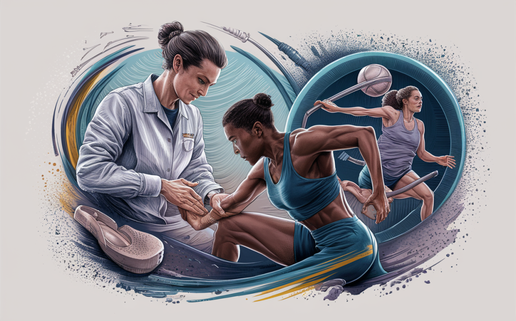 An illustration depicting athletes receiving chiropractic care and treatment for sports injuries, with a focus on techniques like massage therapy and spinal adjustments to aid recovery and maximize athletic performance.