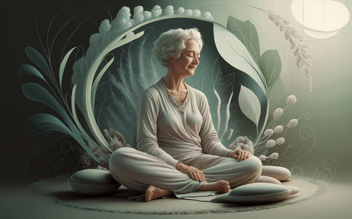 Serene Meditation for Holistic Wellness An illustration depicting a woman in a meditative pose surrounded by lush greenery, symbolizing a holistic approach to managing chronic conditions and finding inner peace.