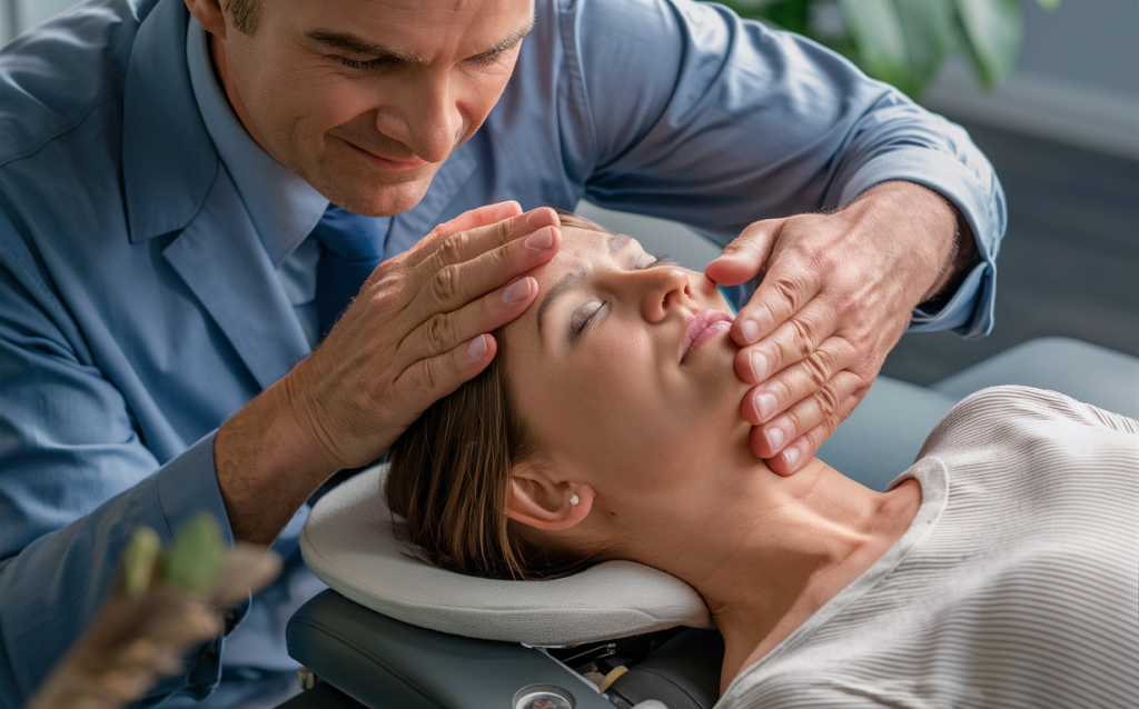 A chiropractor performing an upper cervical adjustment on a patient lying on a treatment table. alleviating chronic pain conditions with blair upper cervical care