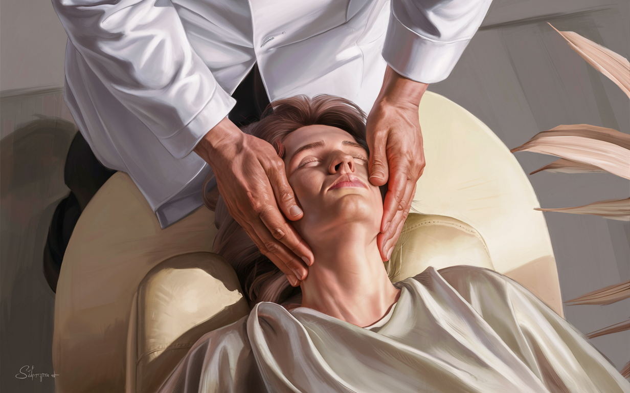An illustrative image showing the anatomy of the upper cervical spine vertebrae and hands performing a chiropractic adjustment on the neck area.