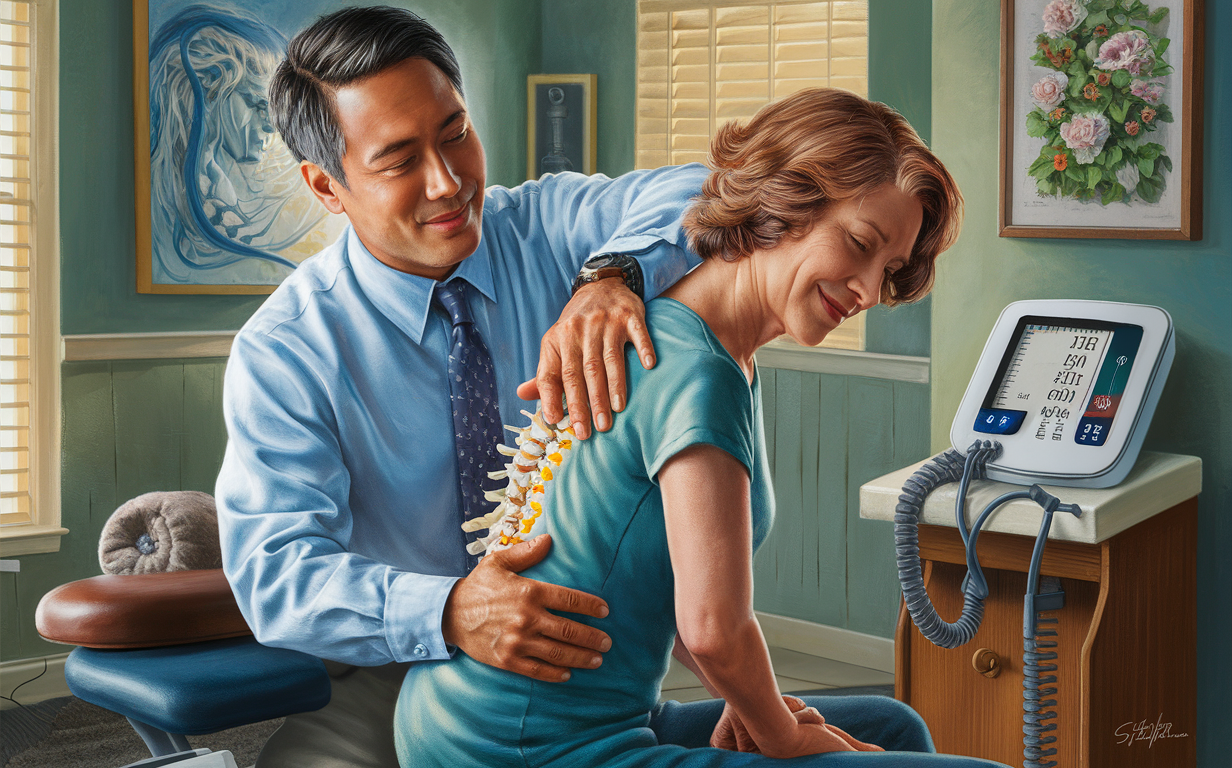 A chiropractor providing gentle spinal adjustment to a patient, potentially helping to manage blood pressure levels through improved nervous system function and reduced stress