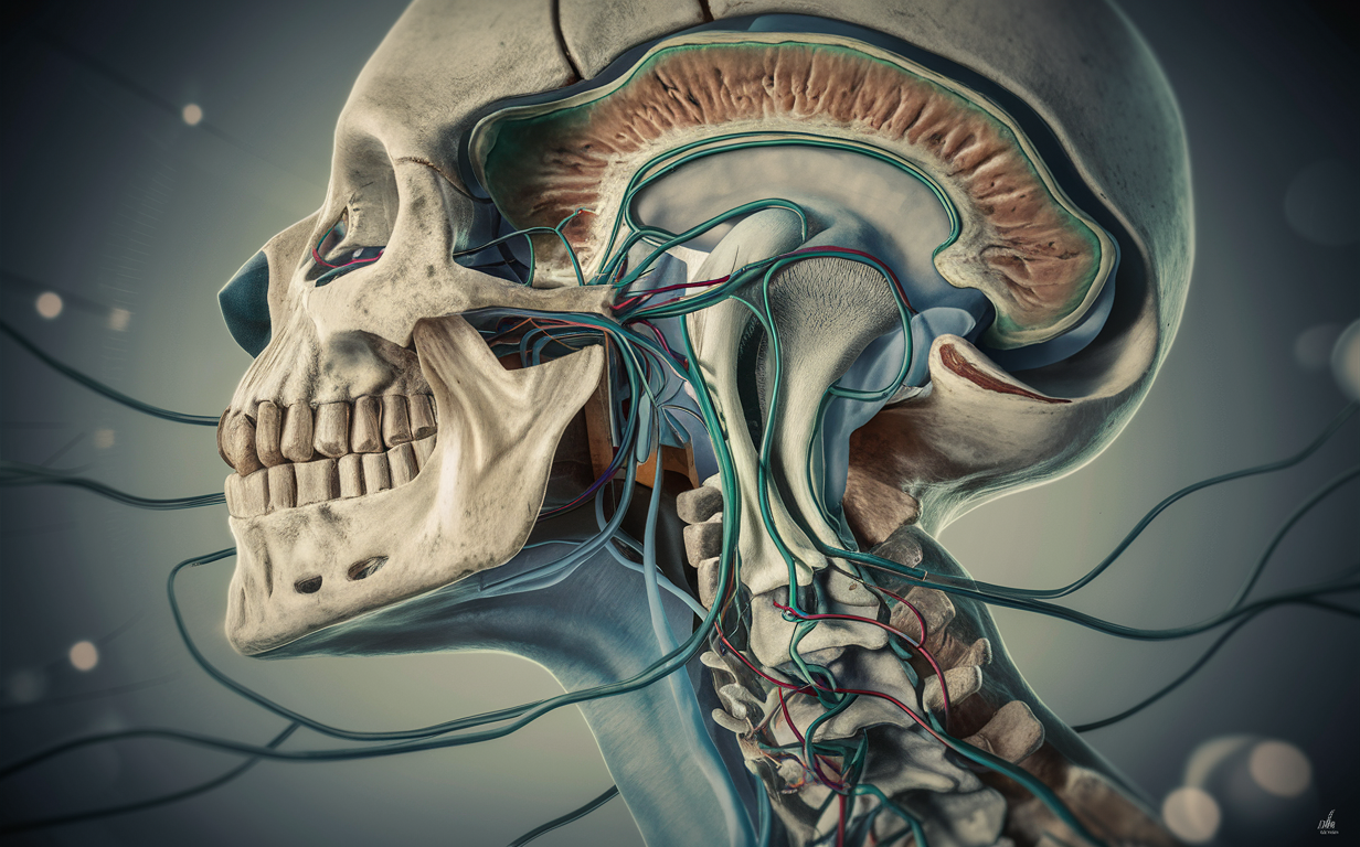 Detailed Anatomy of the Craniocervical Junction and Brainstem A highly detailed anatomical illustration of the craniocervical junction, brainstem, and upper cervical region, showing the intricate network of nerves, blood vessels, and bony structures.