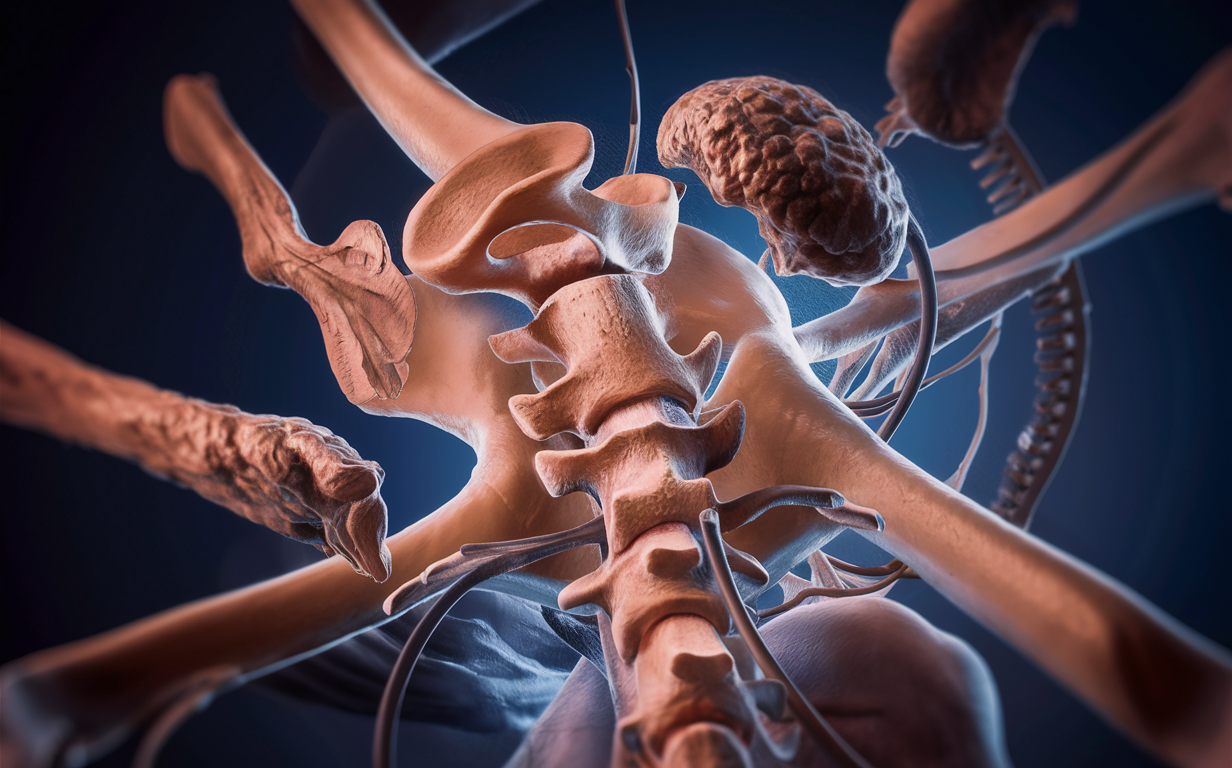A highly detailed 3D illustration depicting the biomechanics of the upper cervical spine, showing the vertebrae, intervertebral discs, and a herniated or bulging disc pressing against the spinal cord.