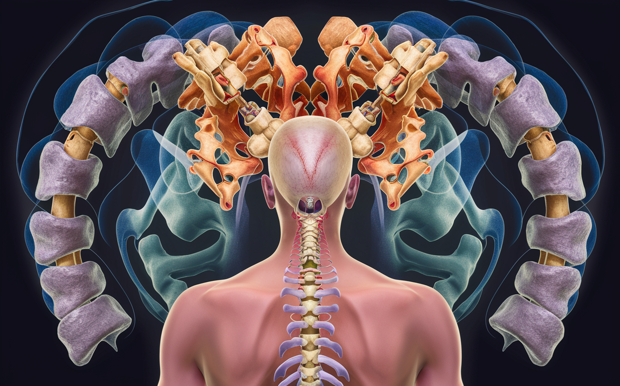Detailed illustration of the upper cervical spine, vertebrae, and surrounding bone and muscle structures, highlighting the potential impact of misalignments on biomechanics.