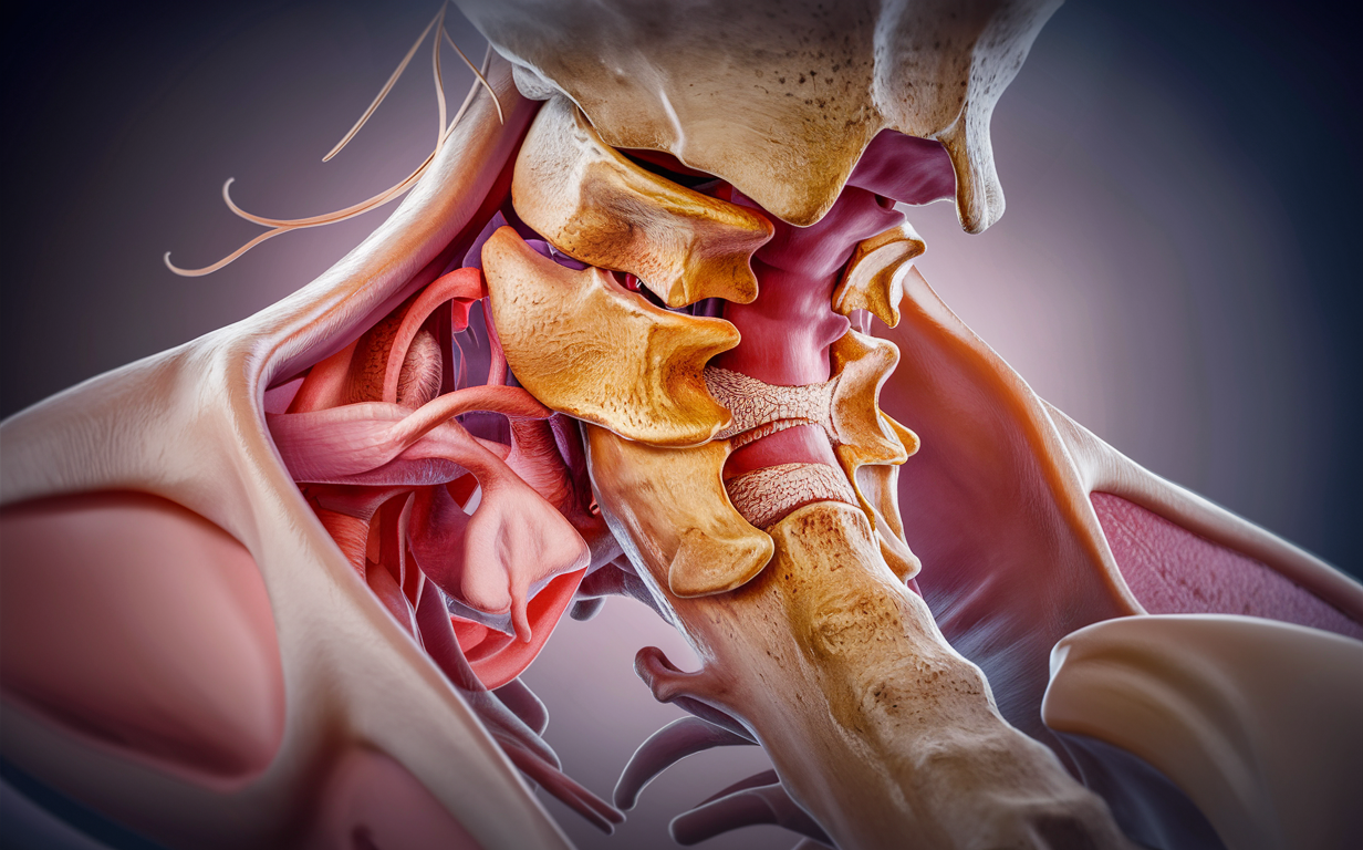 A highly detailed 3D illustration of the upper cervical spine, showing the intricate structure of the vertebrae, intervertebral discs, and surrounding muscles and ligaments.