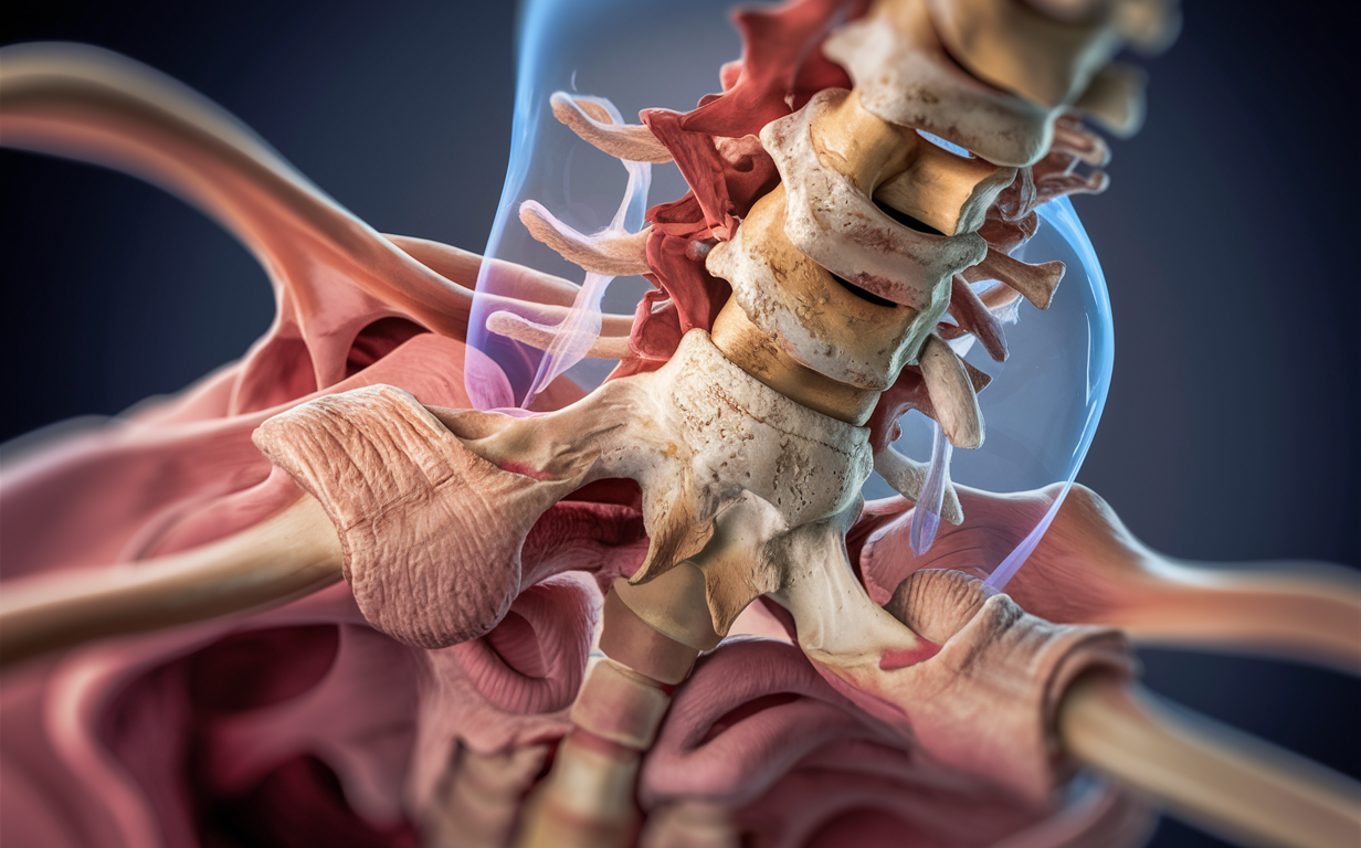 An anatomical illustration showing the intricate structures of the upper cervical spine, including vertebrae, ligaments, and surrounding musculature, providing insight into the biomechanics of this critical region.