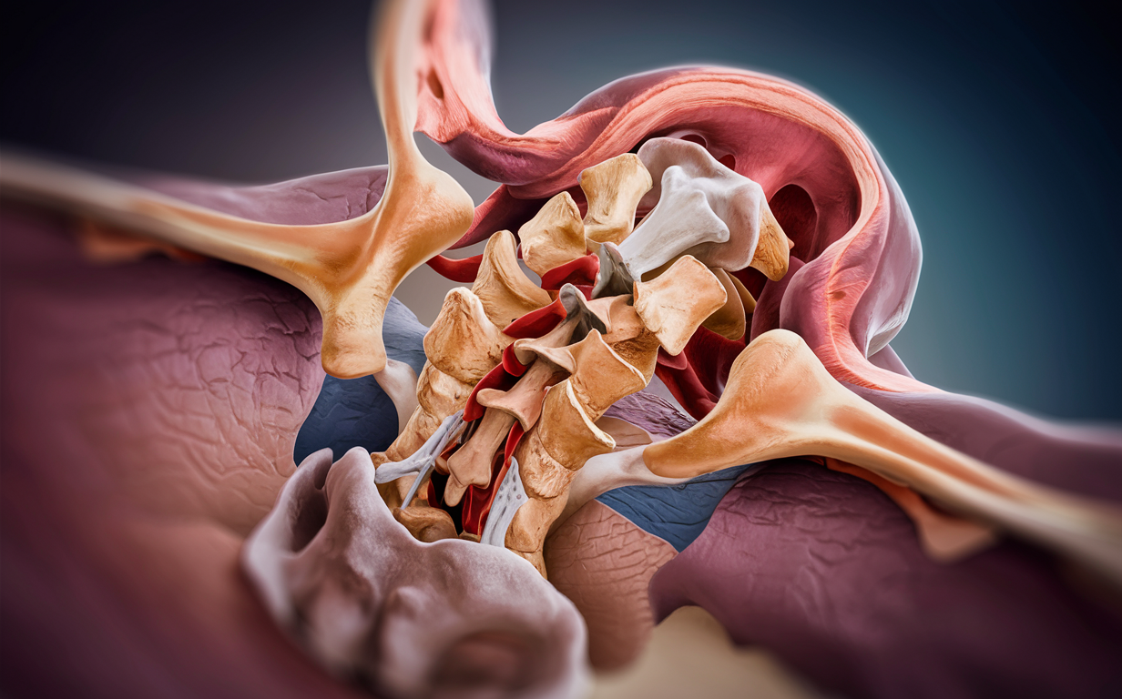 A detailed anatomical illustration showing the bones, muscles, and vasculature of the upper cervical spine, with labels identifying various components such as the occipital bone, atlas vertebra, axis vertebra, and vertebral arteries.