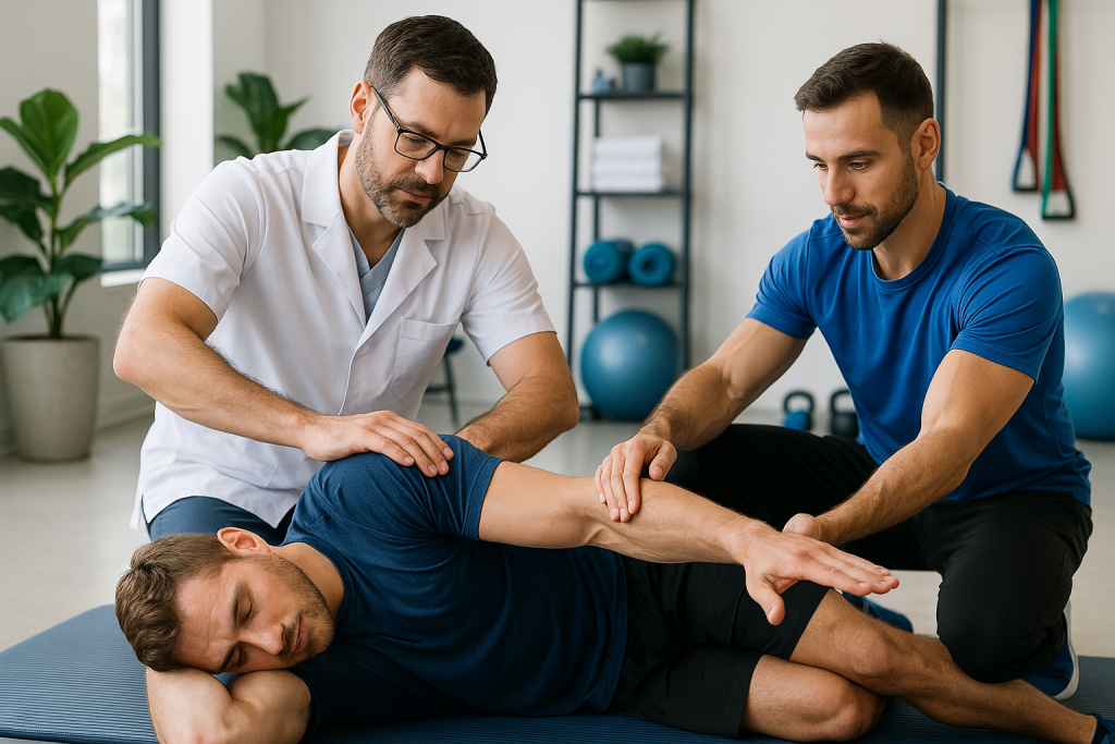 Chiropractor and sports therapist working together to provide personalized care for an athlete in a Missoula clinic.