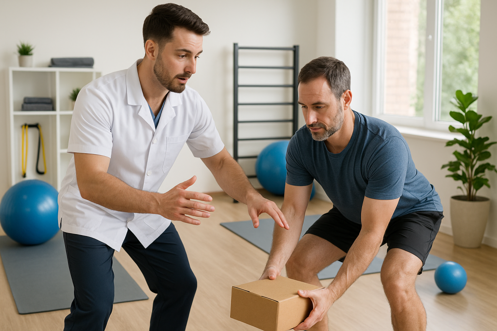 Chiropractor demonstrating proper body mechanics to a patient in a modern clinic, showing correct posture and lifting techniques.