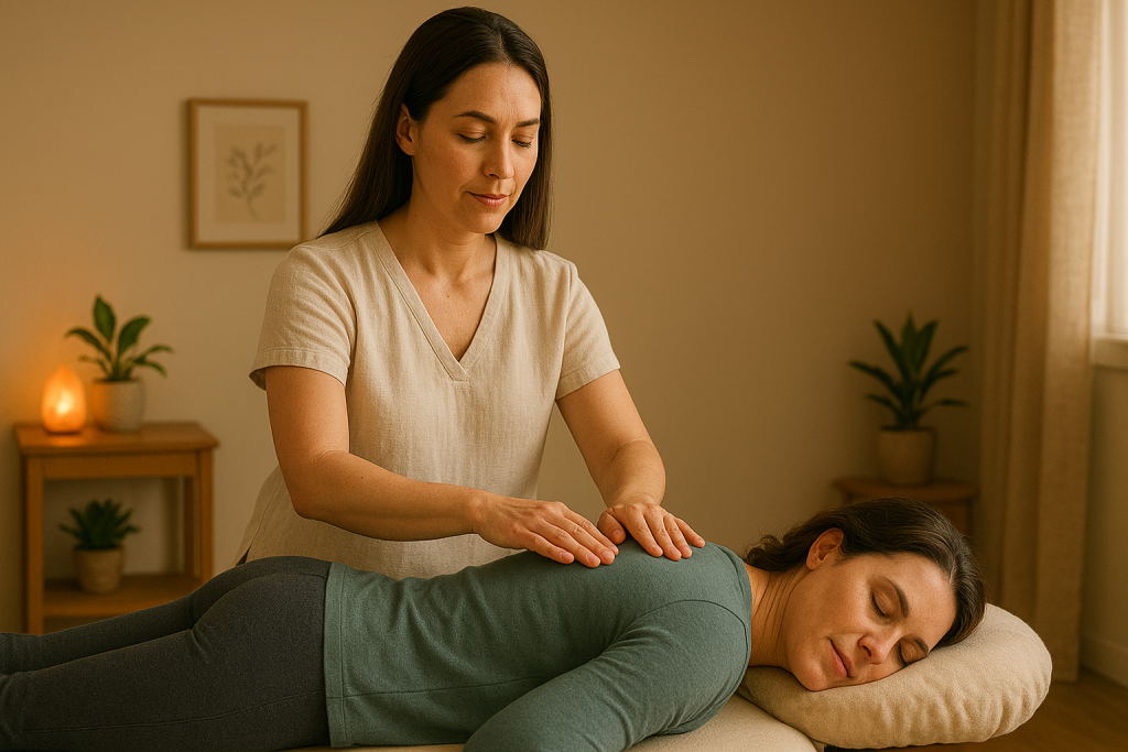 Certified Reiki practitioner performing energy healing on a patient in a serene Missoula clinic for pain relief.