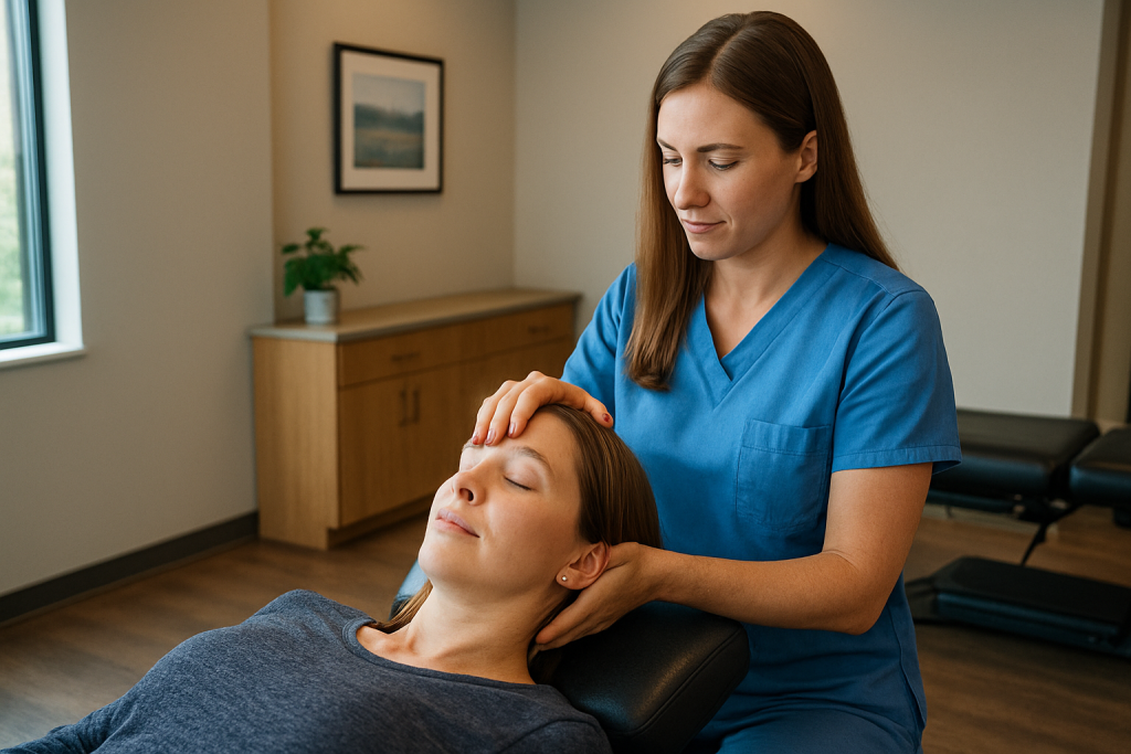 Chiropractor performing gentle orthospinology-style upper cervical adjustment on a patient in a modern Missoula clinic.