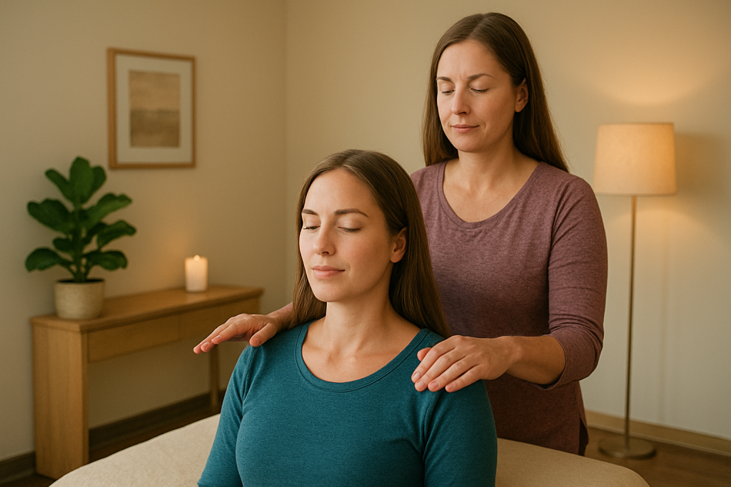 Reiki practitioner performing emotional healing session on a relaxed client in a modern Missoula wellness clinic.