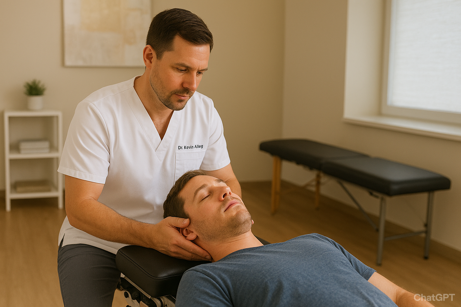 Male chiropractor in Missoula performing a precise C1 atlas adjustment using Blair Upper Cervical technique at Krieg Chiropractic Center.