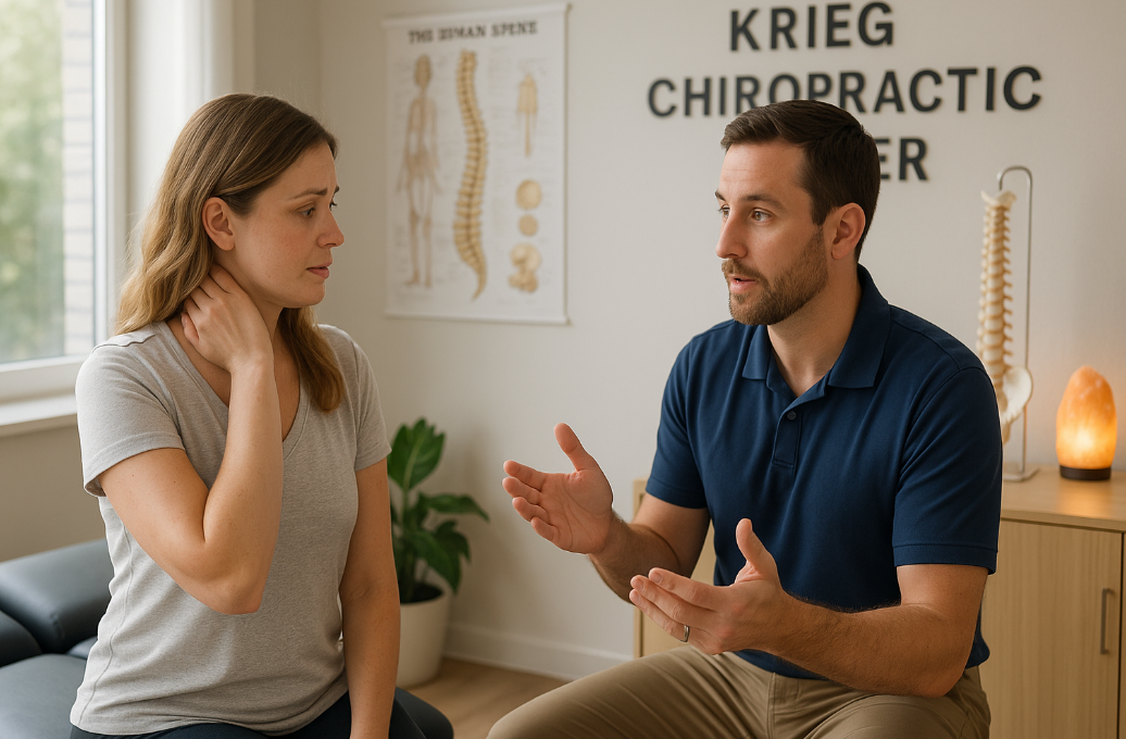 Chiropractor in Missoula explaining post-adjustment headaches to a patient at Krieg Chiropractic Center.