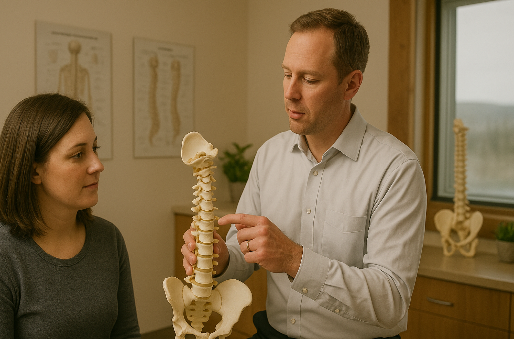 Chiropractor in Missoula explaining C1 vertebra misalignment using a spine model at Krieg Chiropractic Center.